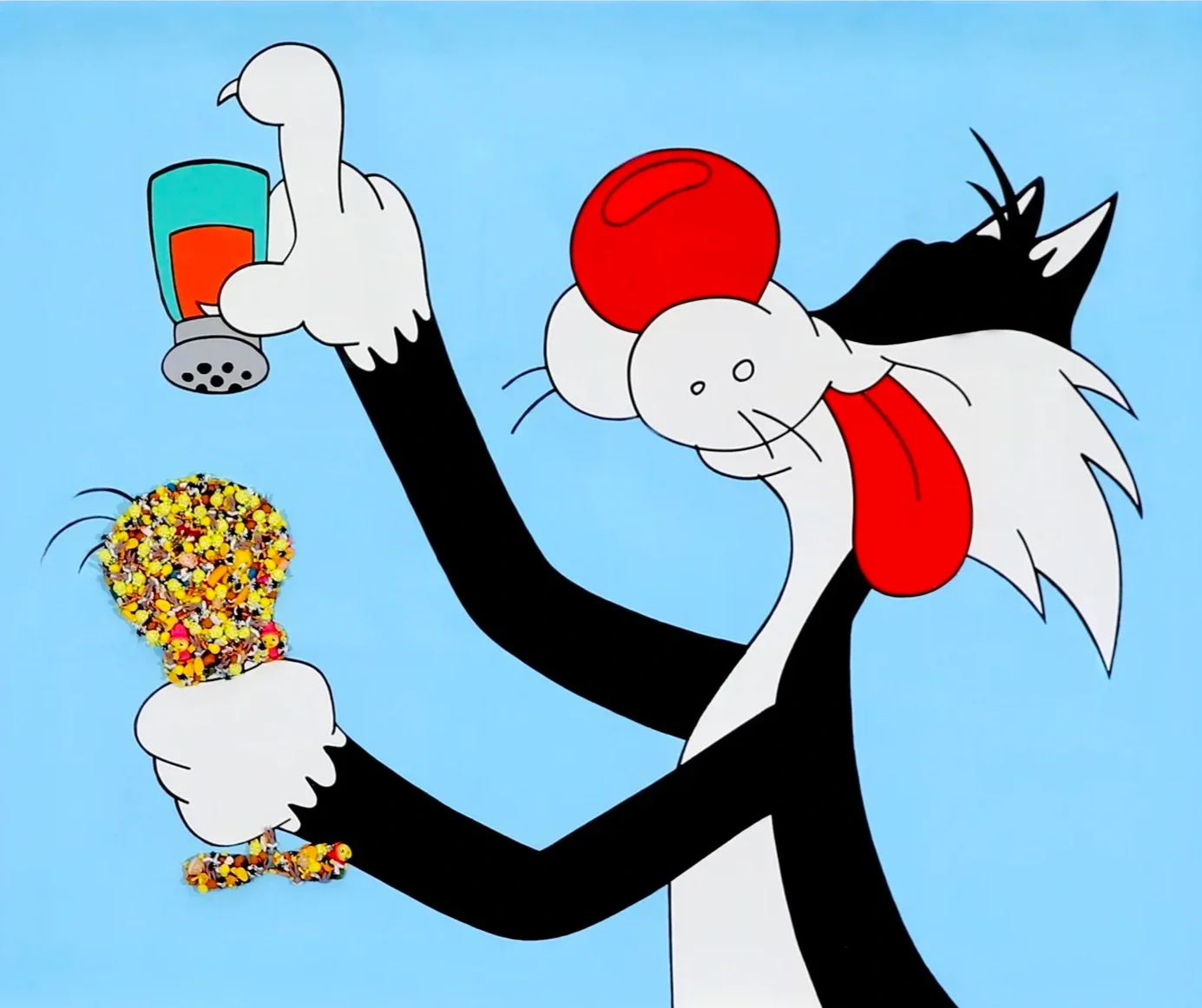 Animated cartoon cat with a white face, red nose, and gray whiskers, holding a glass of orange and teal drink in one paw, and a large ice cream cone filled with colorful sprinkles in the other paw, against a light blue background.