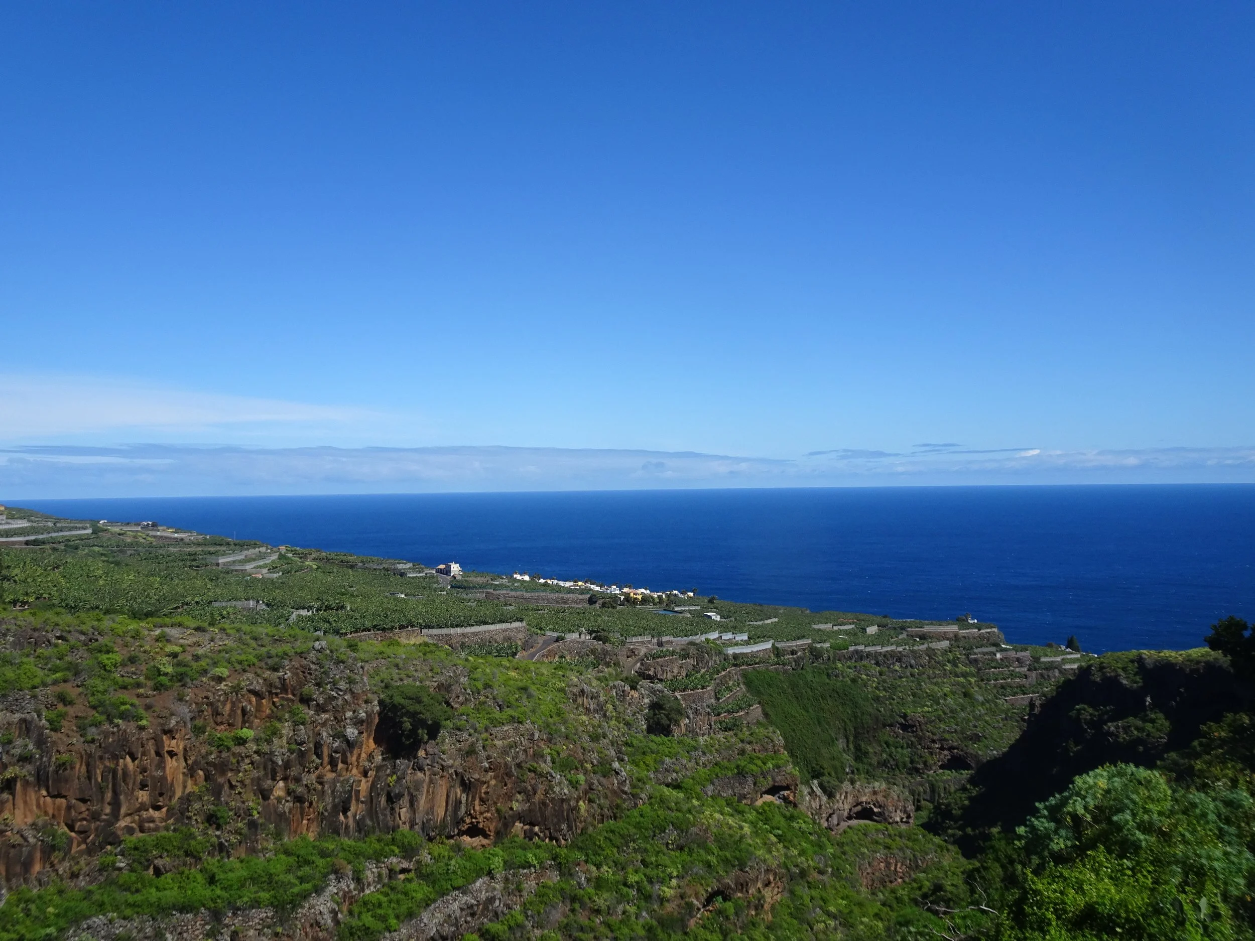 Grüne Küste mit dunkelblauem Meer im Hintergrund bis zum Horizont