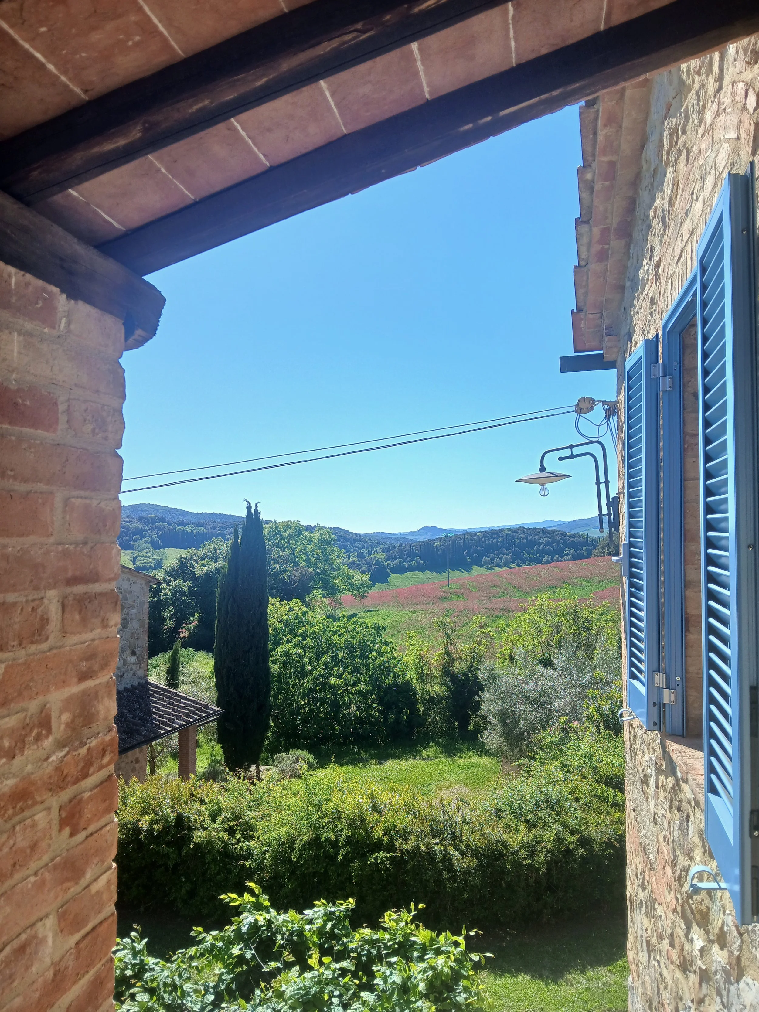 Ausblick auf toskanische Felder aus dem Bauernhaus mit blauen Fensterläden