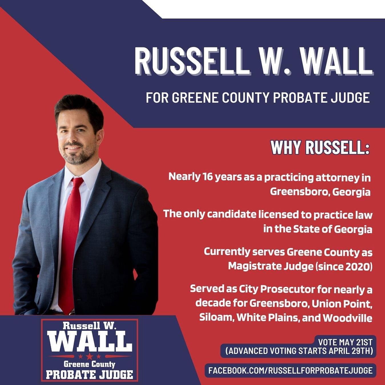 Why Russell? Simply put, he is the most experienced and qualified candidate. With nearly 16 years of experience practicing law, he is the only candidate who has regularly practiced law in the Greene County Probate Court, he has served as a Magistrate