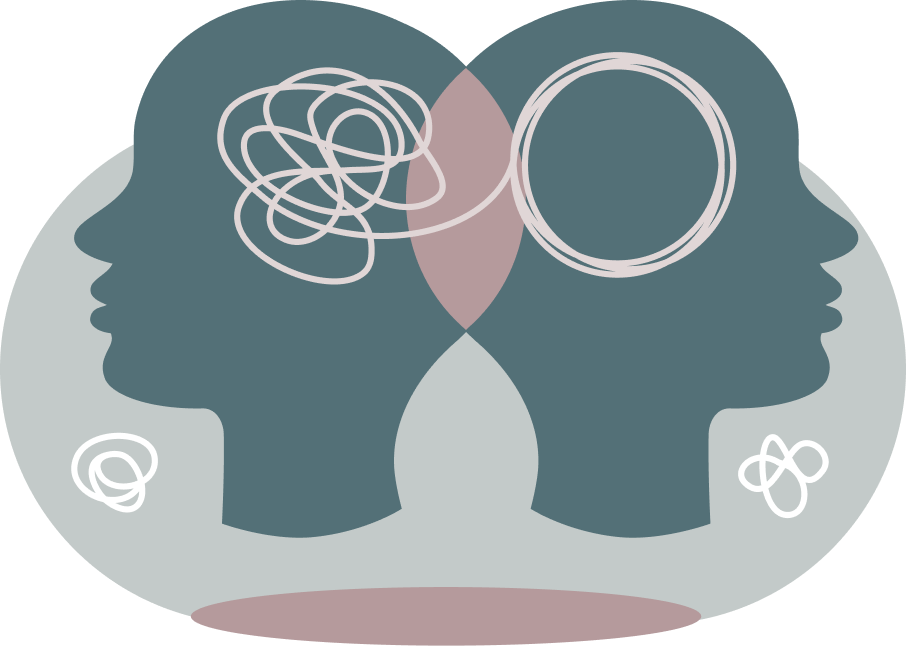 Illustration of two human head profiles facing away from each other, a bit overlapped. The left head has a tangled line representing confusion or mental stress and connects a clear circle symbolizing clarity or calmness on the right head