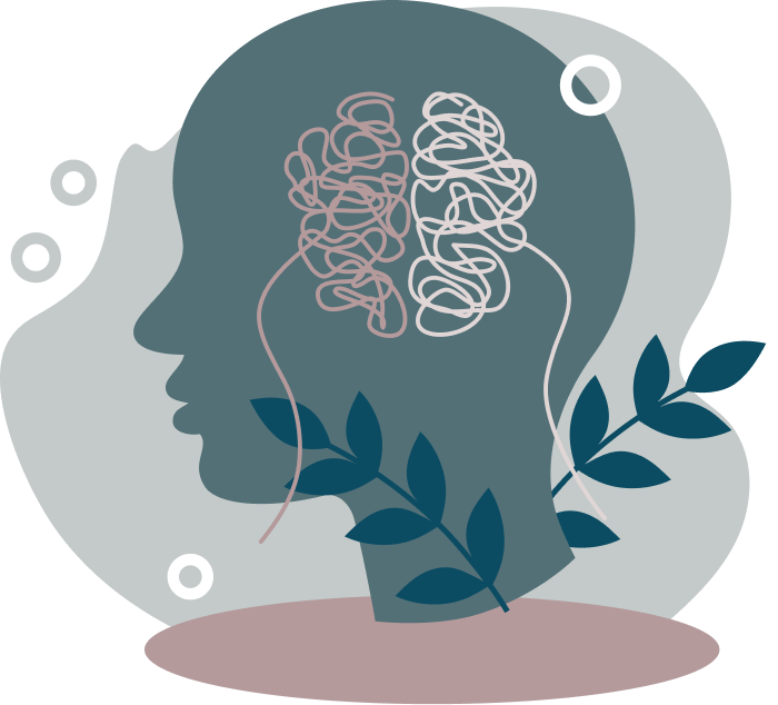 An illustration of a head silhouette with a tangled lines inside representing confusion or mental stress.