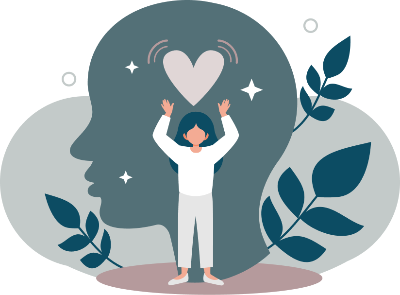 An illustration of a woman standing with arms raised, inside a large head silhouette with a heart and stars above her head, surrounded by leaves.