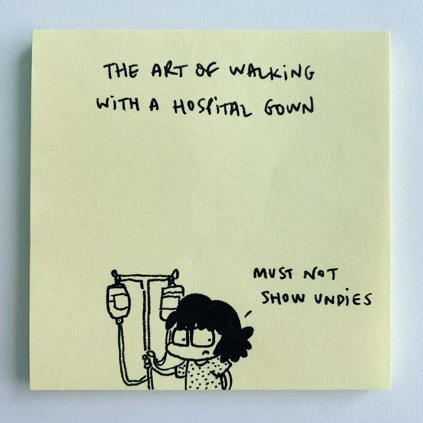 Can&rsquo;t get a slutty reputation on my hospital floor 😬 #hospitalgown #undies #pancreatitis #sick #doodle #cartoon #postit #madrid #2020