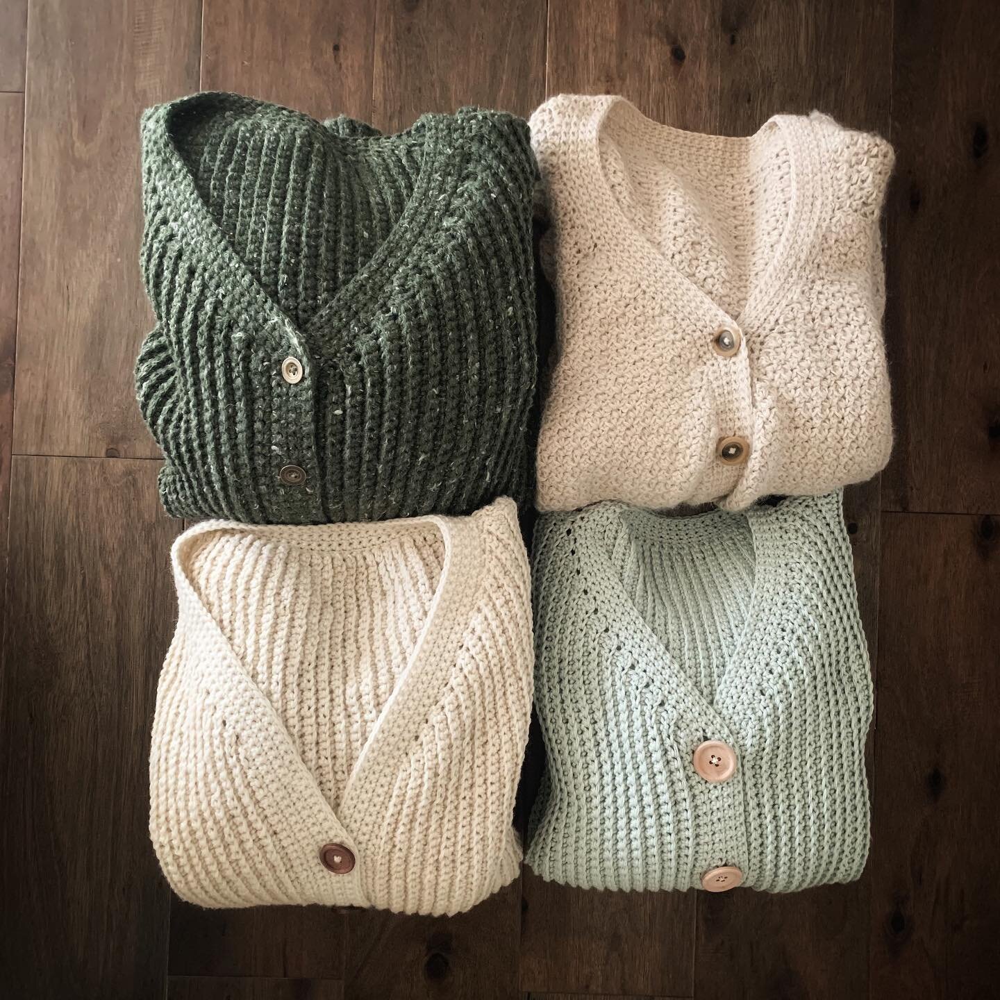 Can&rsquo;t stop making v-neck cardigans. Top right is the #herbaceouscardy , the rest are samples of a new cardigan that I can&rsquo;t stop making! I&rsquo;m sampling it in several sizes and fibers to perfect the fit and provide lots of information 