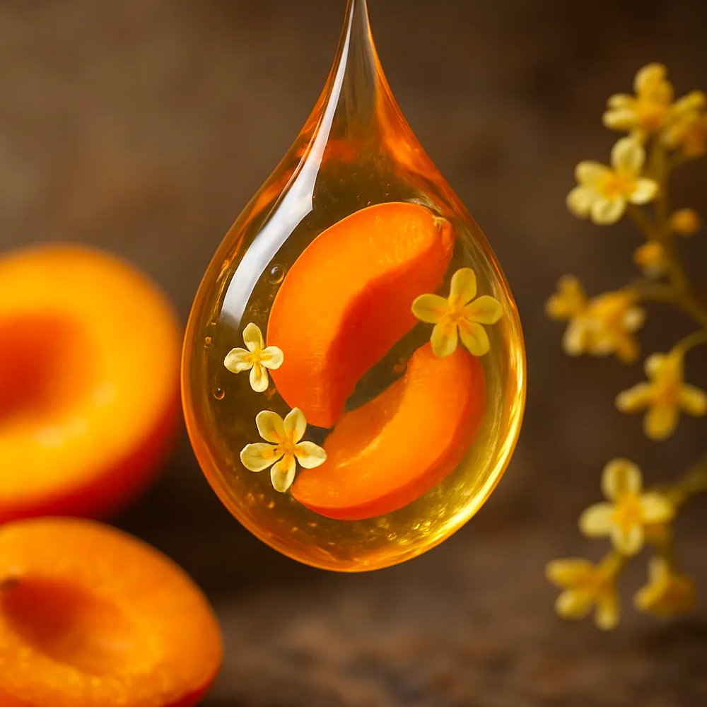 Apricot slices and osmanthus flowers inside an amber fragrance oil drop, symbolizing the fruity-floral profile of Osmanthus ABS Synth 138 B.