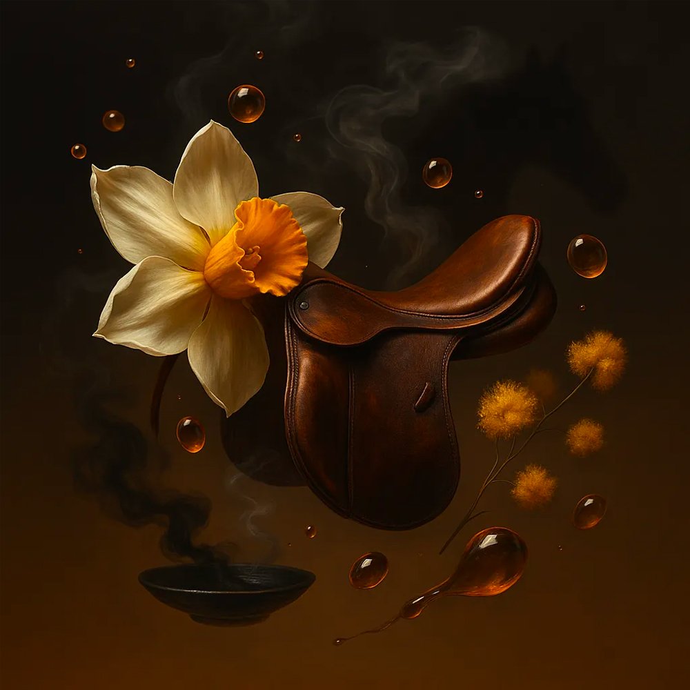 Artistic depiction of paraCresol’s scent profile featuring a leather saddle, narcissus flower, mimosa, and smoky resin—symbolizing its animalic-floral character in perfumery.