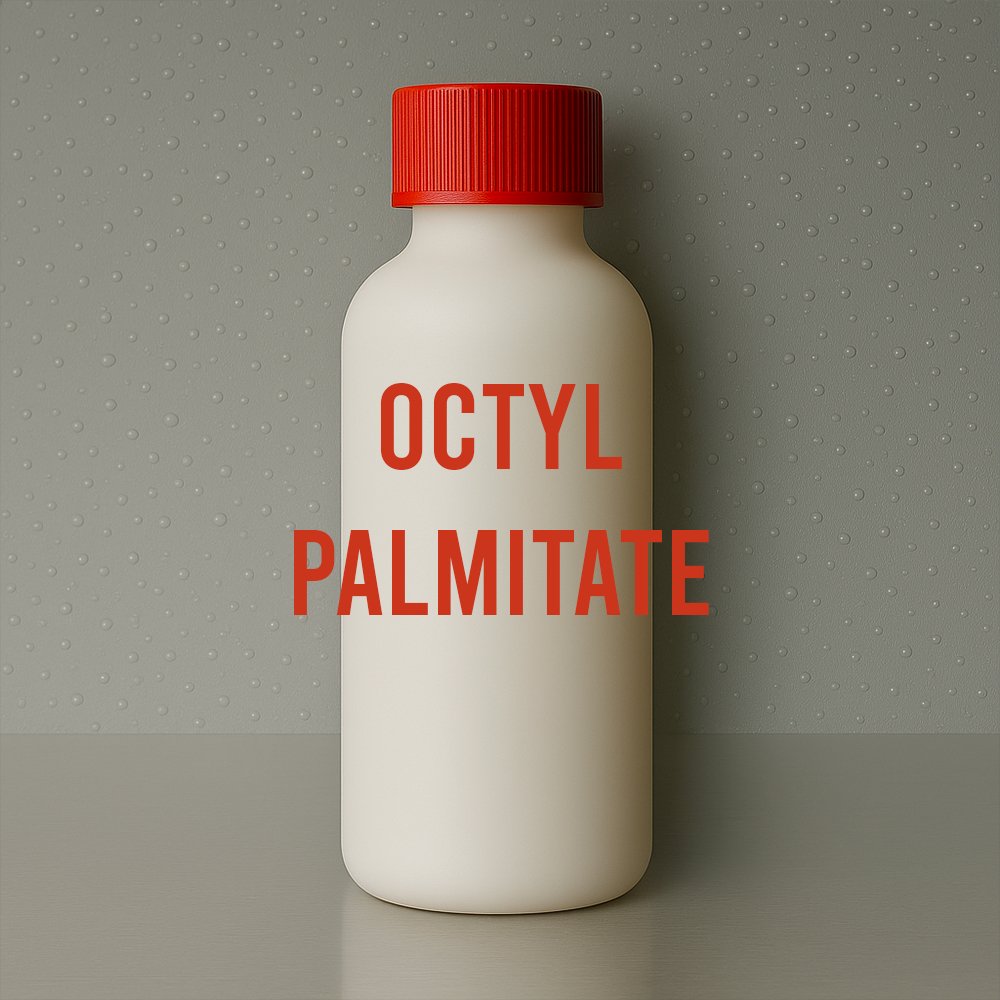 Opaque white laboratory bottle with red cap labeled "Octyl Palmitate", positioned against a neutral dotted background,