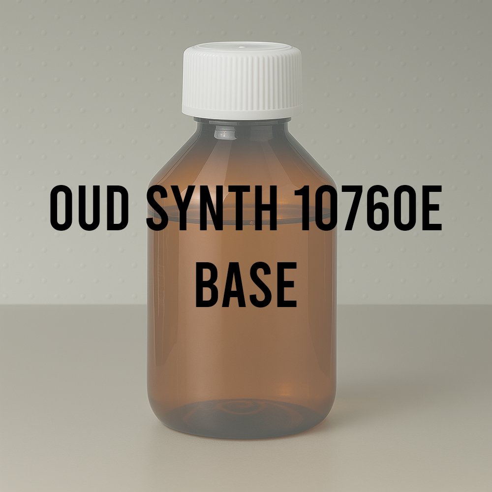 mber bottle labeled OUD SYNTH 10760E Base used for synthetic oud fragrance formulations