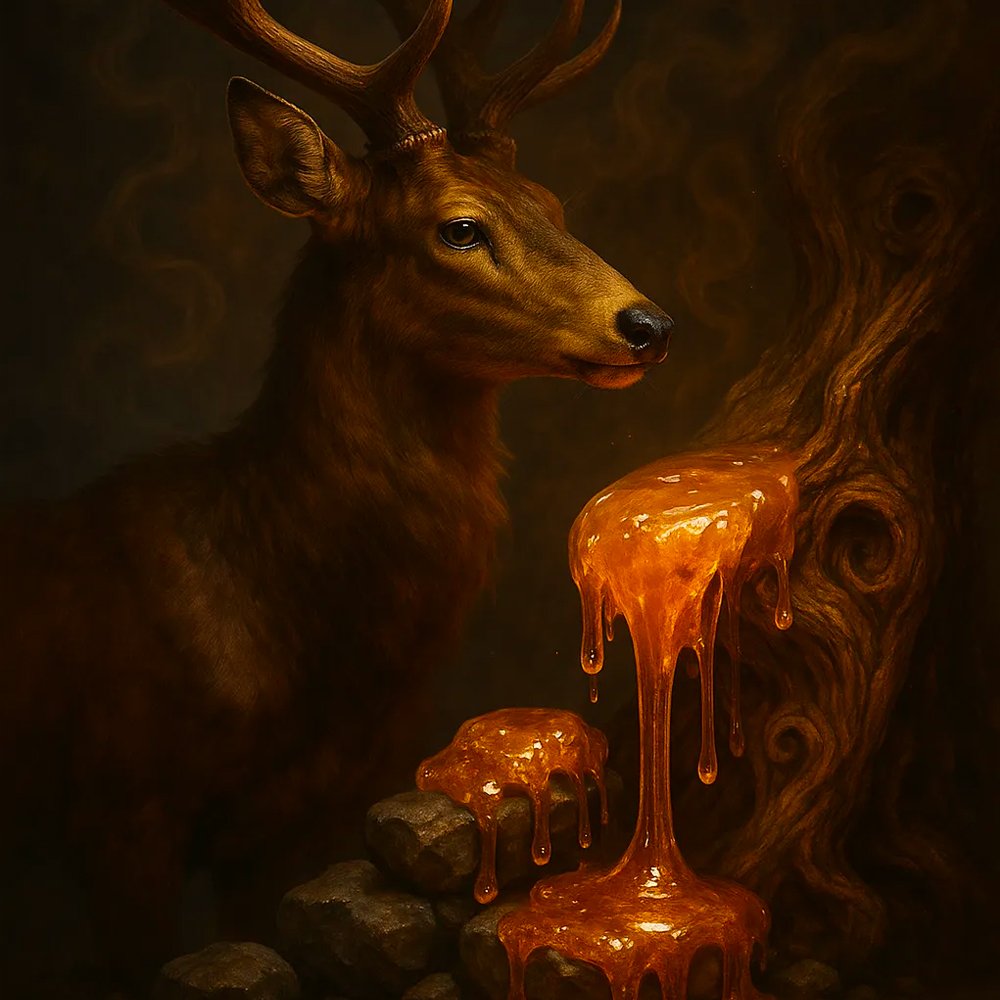 Amber resin sphere, suede glove, and powdery trail on grey background—visual metaphor for Tonquitone’s musky-animalic and warm-powdery profile.