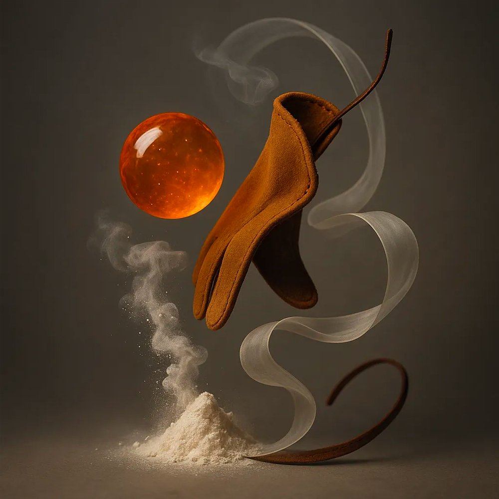 Leather glove, white musk powder, and amber sphere floating in a neutral space—visual metaphor for Shangralide®’s musky, slightly animalic scent profile.
