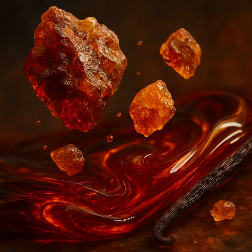 Amber resin chunks and vanilla pod floating over a dark balsamic swirl, illustrating the warm, sweet profile of Benzoin Oliffac 63B.