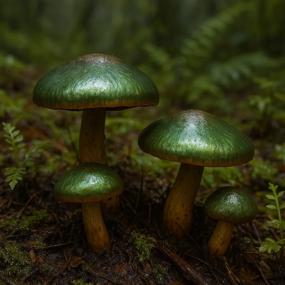 Close-up of green mushrooms growing on forest floor; symbolic of natural origin of 1-Octen-3-ol, a compound with earthy, mushroom-like scent used in perfumery