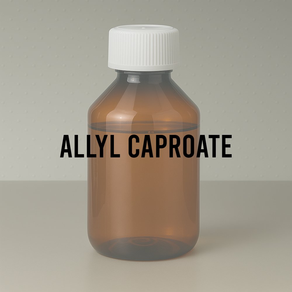Amber laboratory bottle labeled "Allyl Caproate", representing a synthetic fruity ester used in perfumery. Characterized by pineapple, tropical, and fatty-green notes in fragrance formulations.