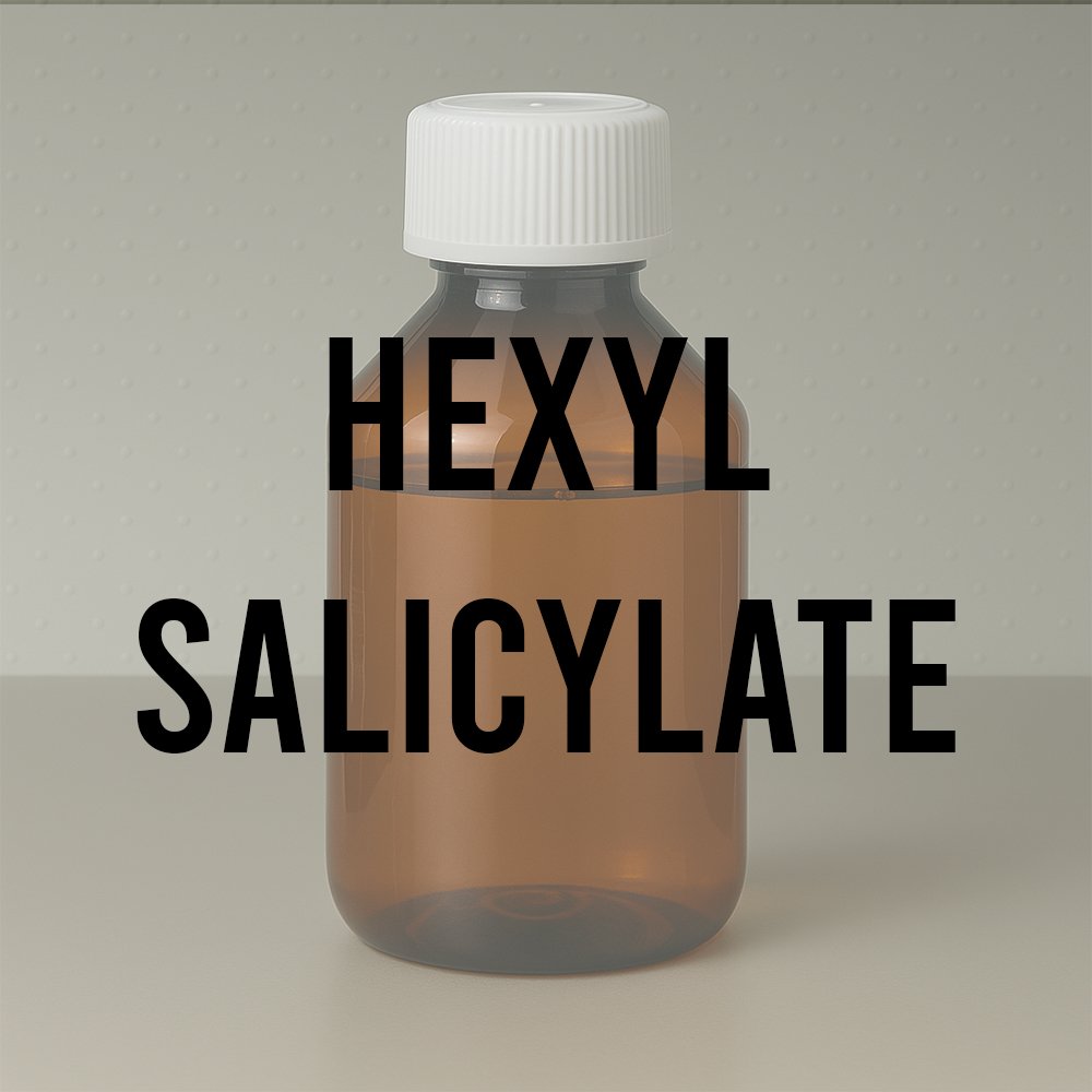 Amber bottle Hexyl Salicylate synthetic fragrance ingredient for perfumery. The label displays the name of the compound