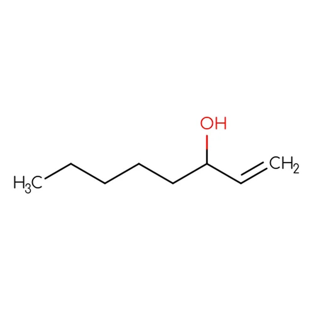 Chemical structure of 1-Octen-3-ol displayed on white background; illustrates unsaturated C8 alcohol with mushroom aroma relevance in fragrance chemistry.