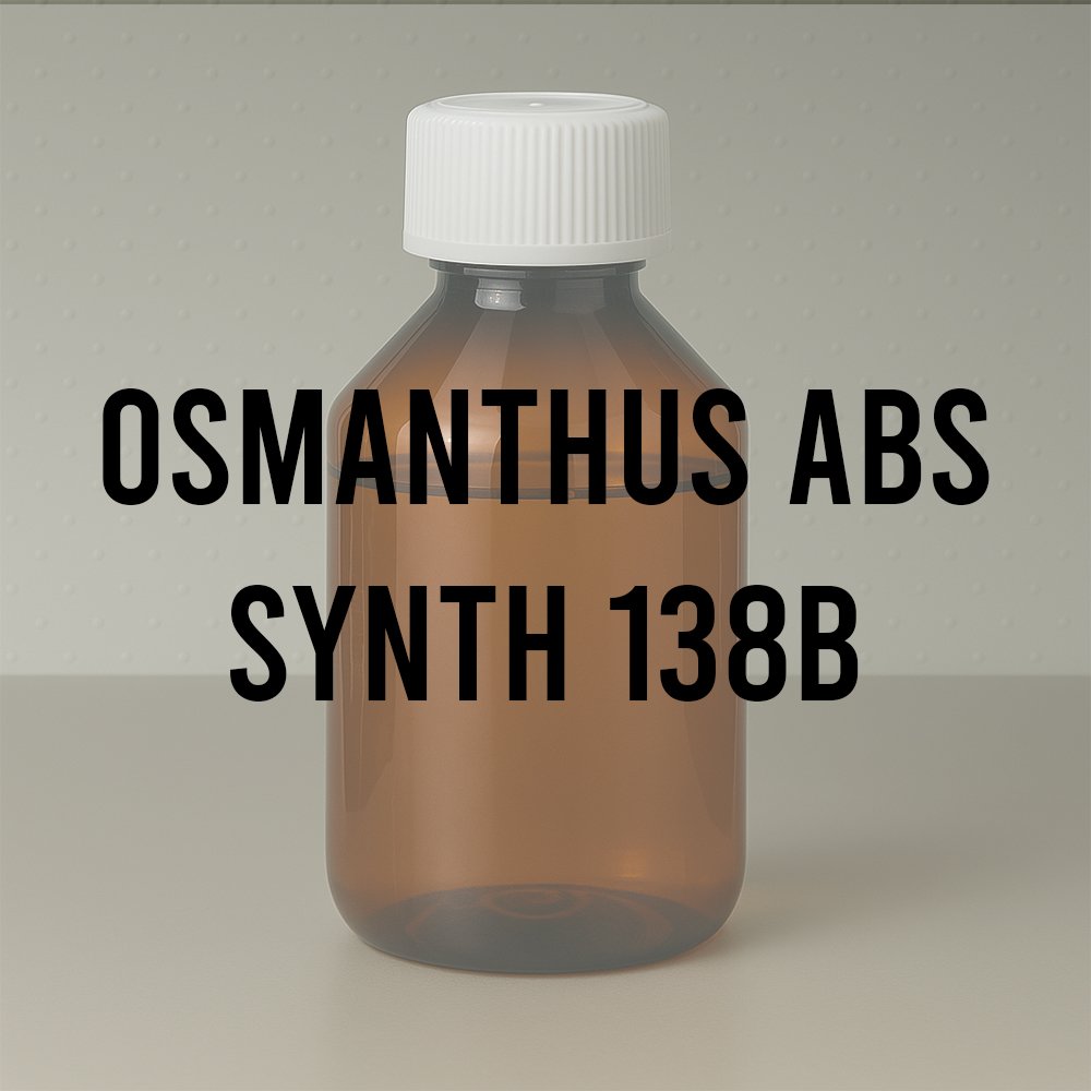 Amber laboratory bottle labeled “Osmanthus ABS Synth 138B,” representing a synthetic fragrance base used in perfumery.