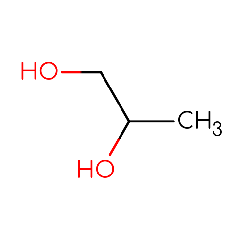 Molecular structure of Propylene Glycol (1,2-propanediol) showing hydroxyl groups on a three-carbon chain, with no labels or annotations.