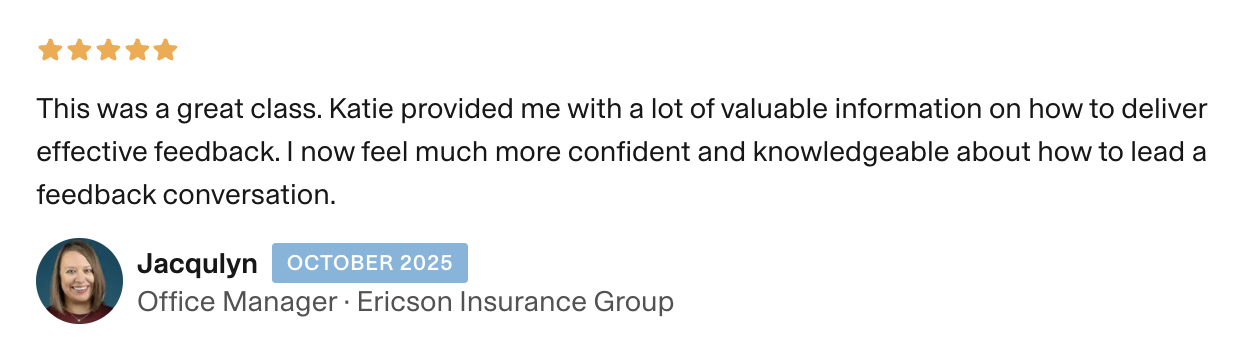 5 star review describing an office manager's experience taking Fearless Feedback manager training course