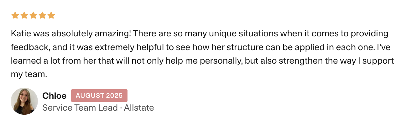 5 star review featuring a small photo of a woman and her praise for her experience taking Fearless Feedback