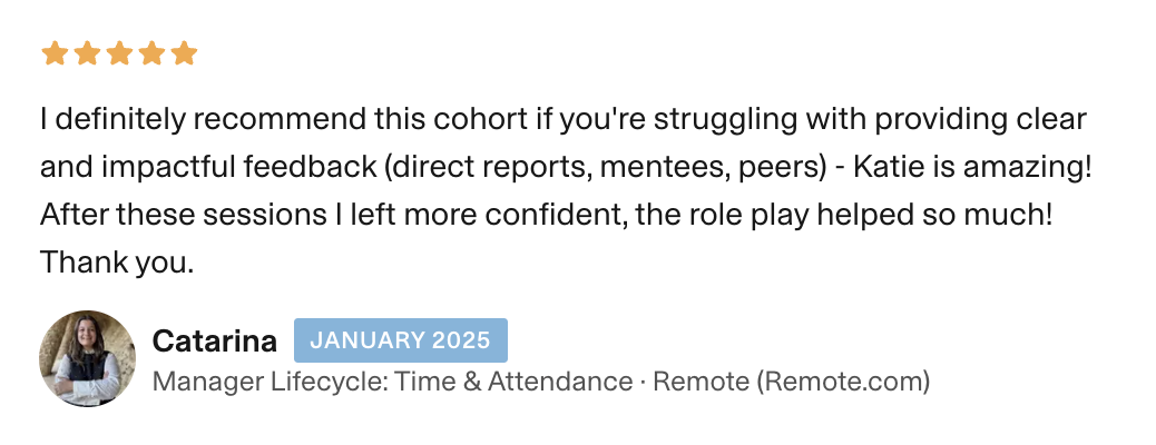 A 5 star review with a small image of a woman who was a manager in a training course called Fearless Feedback