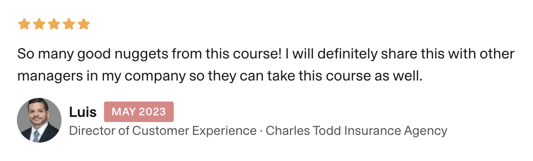 An image of a 5 star review with a small photo of a man named Luis from May 2023 after he completed the fearless feedback manager training course.