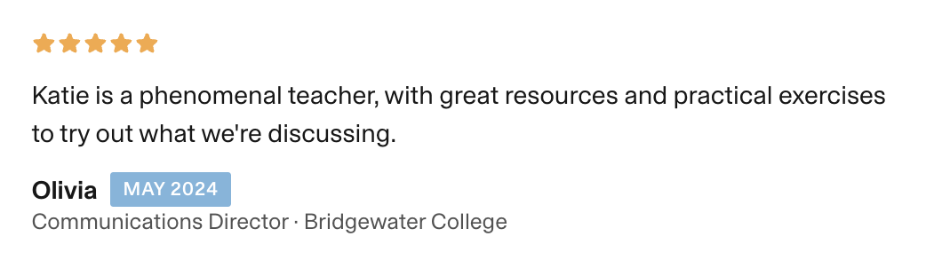Another 5 star review written by someone named Olivia from May 2024 sharing her experience of the manager training course.