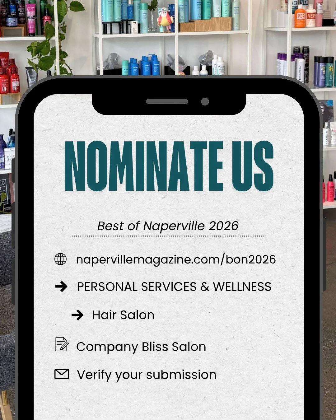 Help us bring more joy to others 💇&zwj;♀️✂️

Nominate Company Bliss Salon in Naperville Magazine's "Best of Naperville 2026!"

Visit napervillemagazine.com/bon2026 (link in bio)
➡️ Scroll to the Personal Services &amp; Wellness section
➡️ 