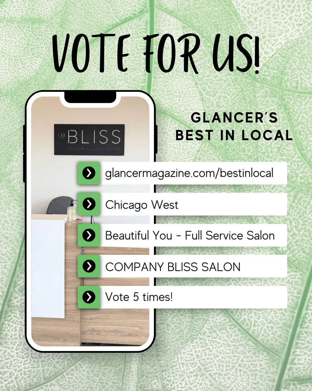 Help us win Glancer Magazine&rsquo;s Best in Local for the 6th year in a row!

We&rsquo;d be so honored to have your vote 💗

Visit glancermagazine.com/bestinlocal
➡️ Enter your info at the top, and Chicago West as the community
➡️ On the second page