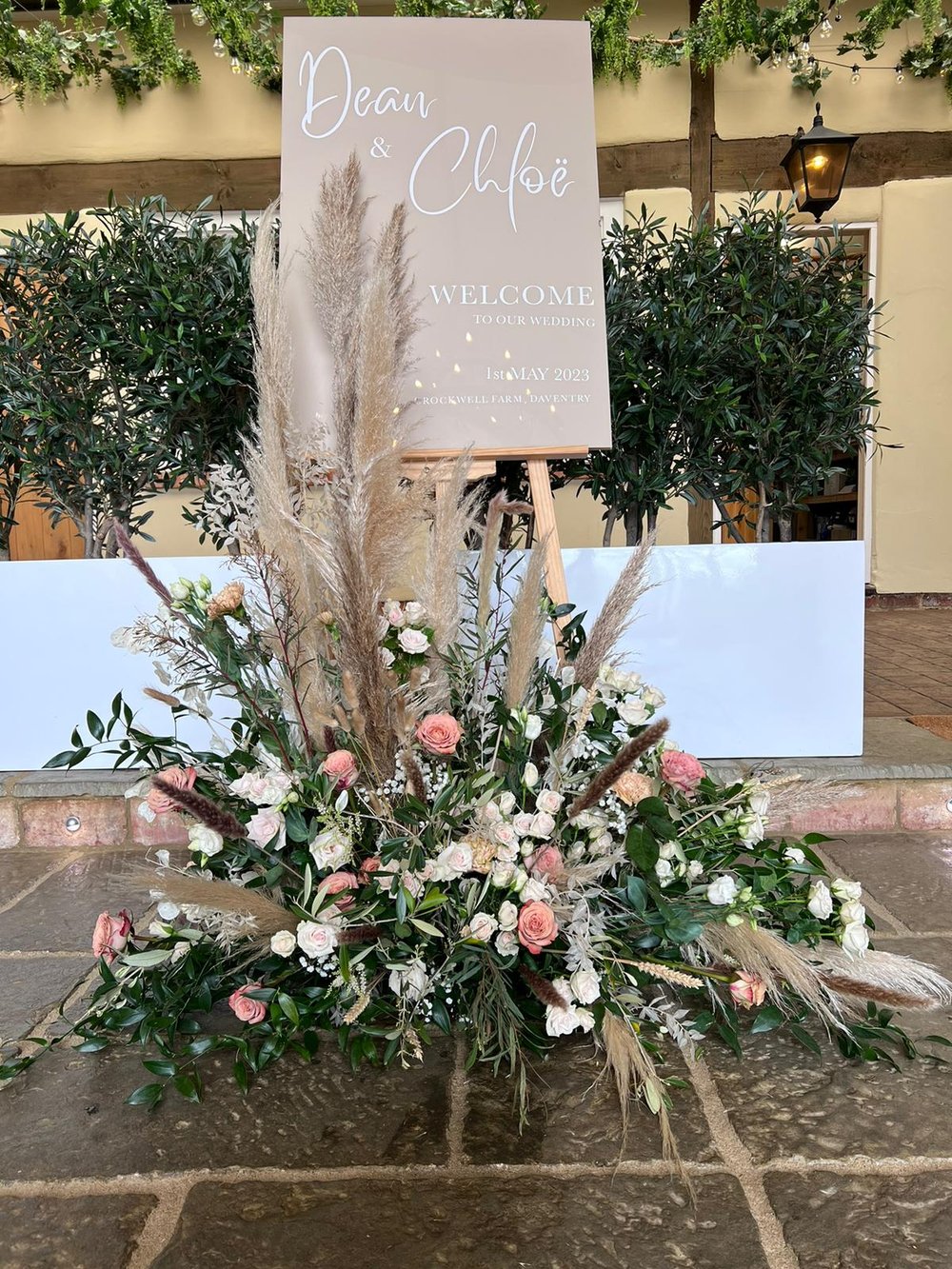 Pampas and fresh flowers arrangement for wedding welcome sign.JPG