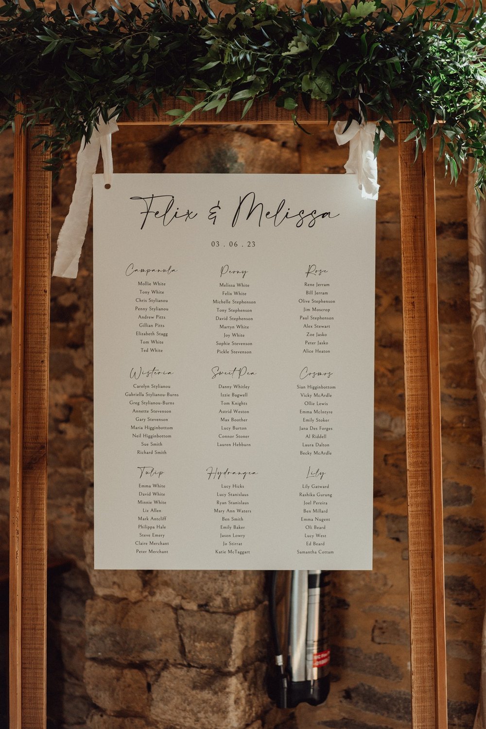Stylish table plan inside wooden freestanding frame with a foliage garland along the top. Floralds by Hibiscus Floral design.jpg