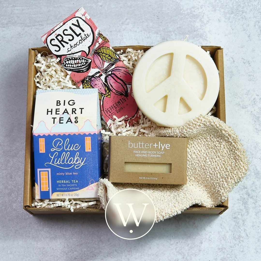 &quot;Calm and Bright&quot; is giftable for just about anyone on your nice list. With a peppermint dark chocolate bar, herbal mint tea, turmeric bar soap &amp; exfoliating mitt, and sweet peace candle, you can't go wrong. Spread the serenity this hol