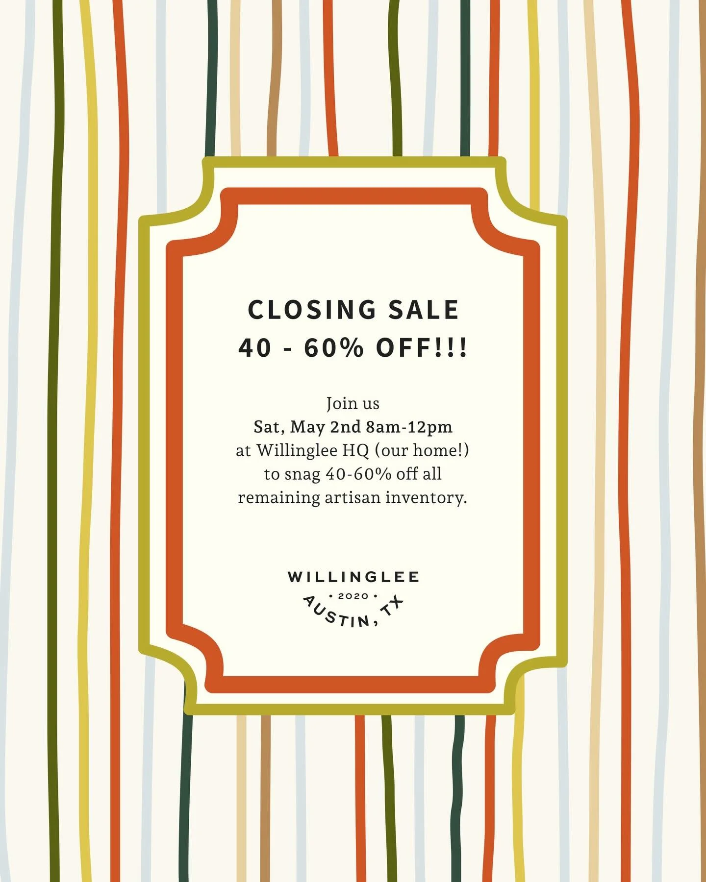 Grab STEALS from artisan makers this weekend at our in-person closing sale. Saturday, May 2nd, 8am to 12pm at our home: 1412 E 37th St, Austin TX. Everything will be 40-60% off. We&rsquo;d love to see you!!!

#closingsale #closingsales