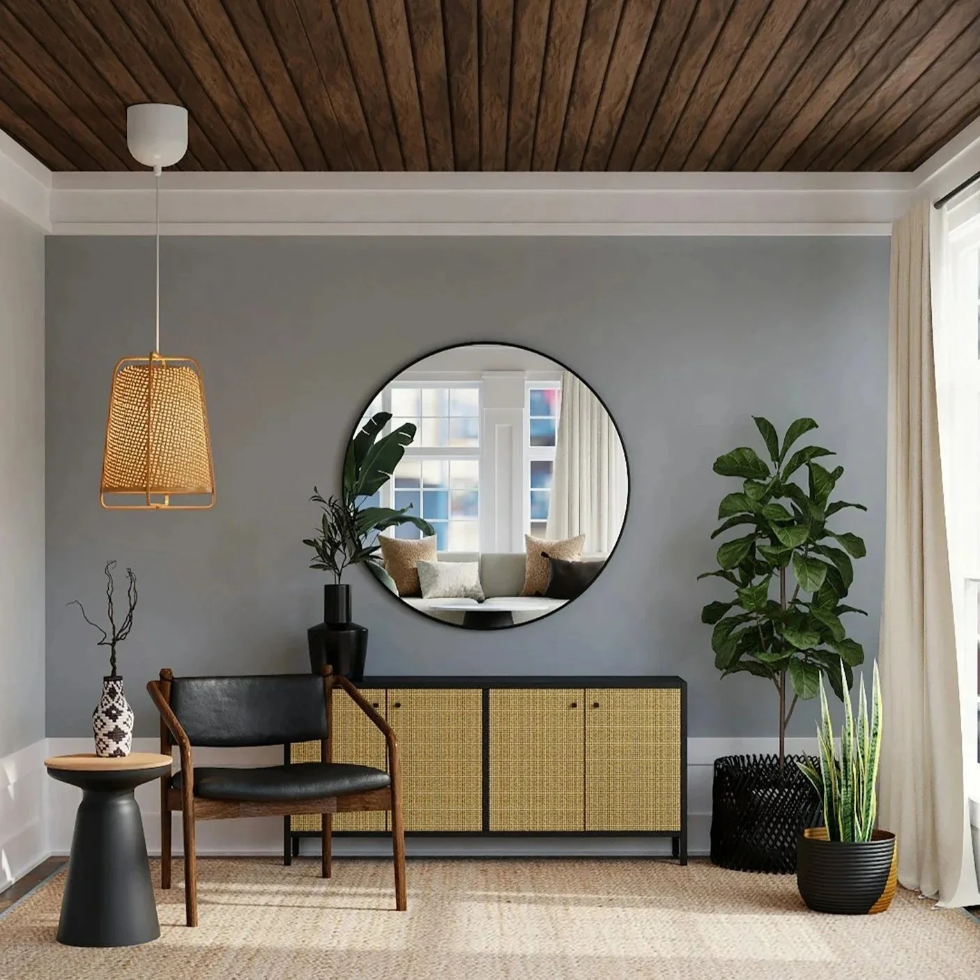 Modern home interior featuring neutral painted walls, wood ceiling panels, decorative furniture, and indoor plants beside circular mirror design.