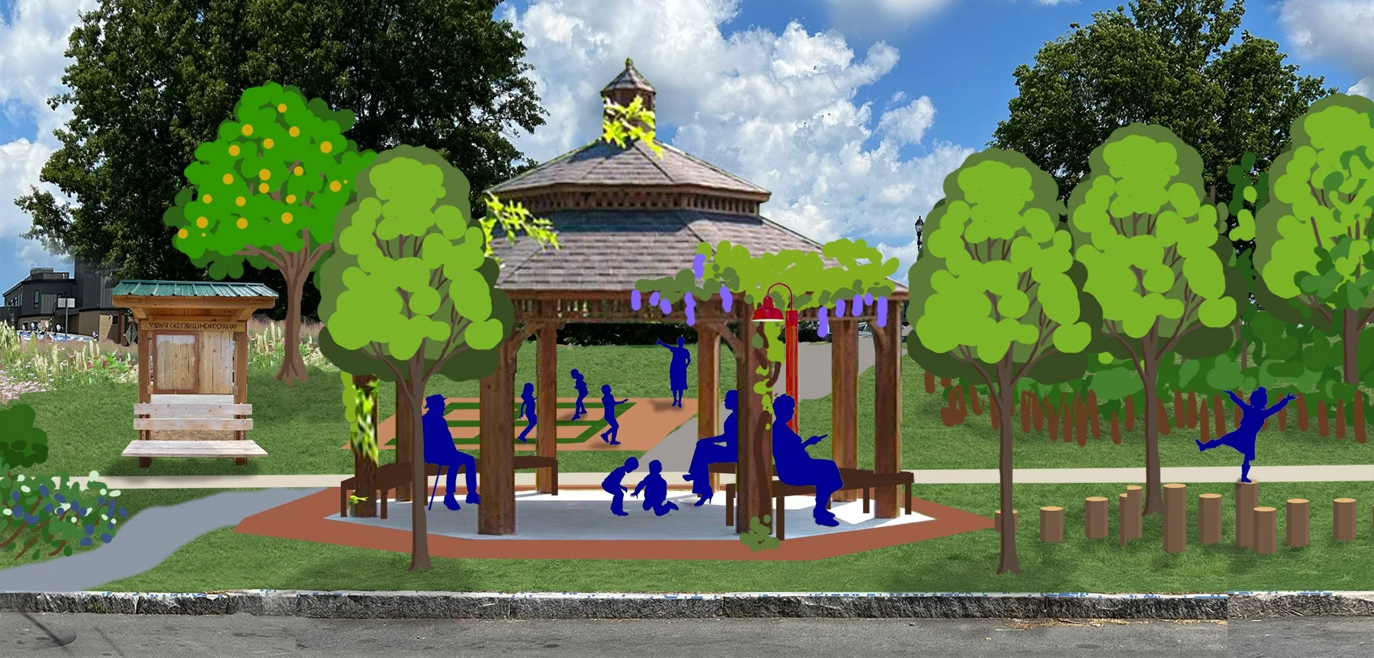 Artists Rendering of proposed park with a kiosk, playground and gazebo