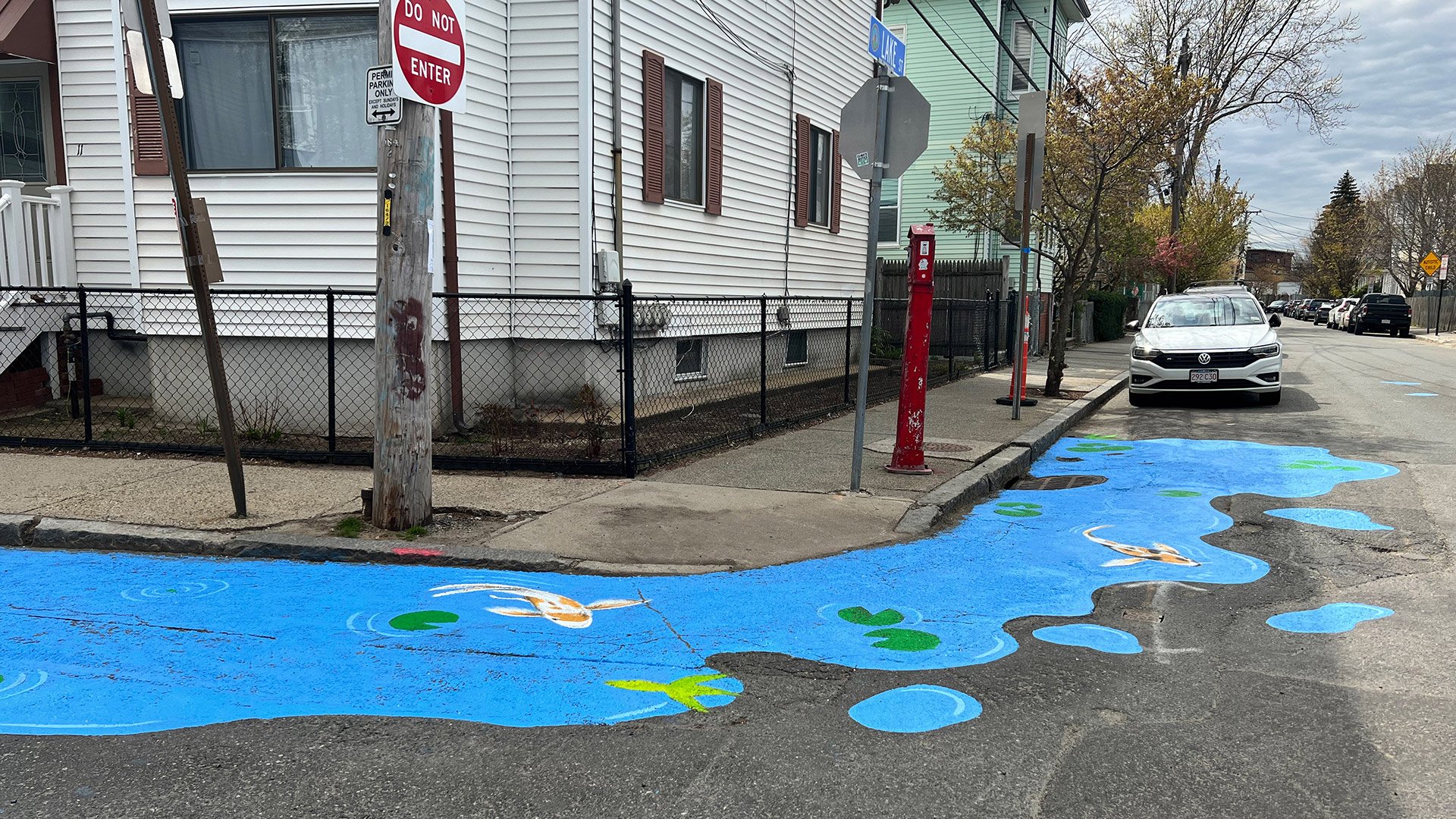 Lake Street intersection with blue painted clear corners with carp and lily pads