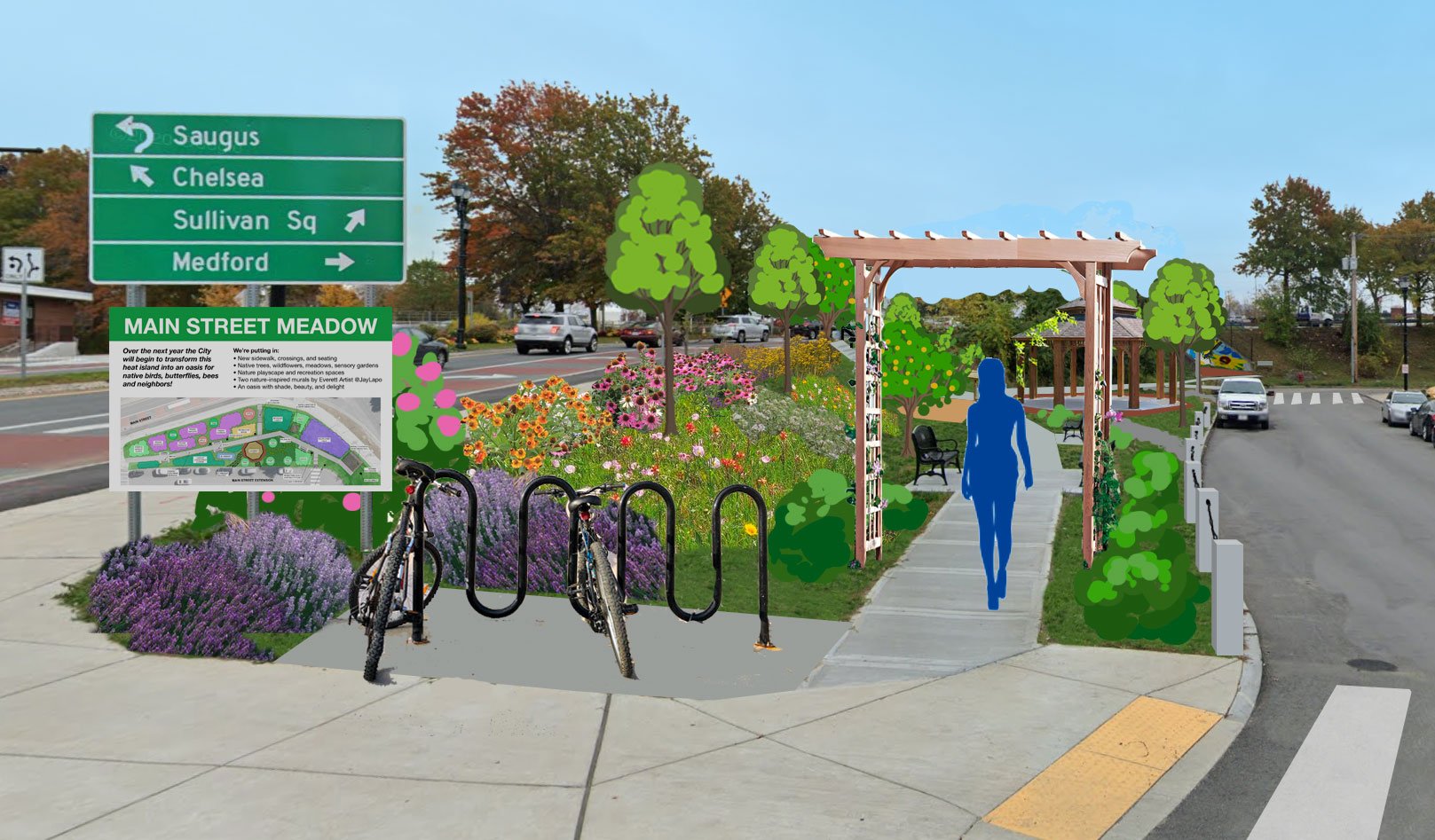 Artists Rendering of entrance to meadow, with signage and bike rack