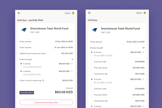 Transaction details for Sharesies investors