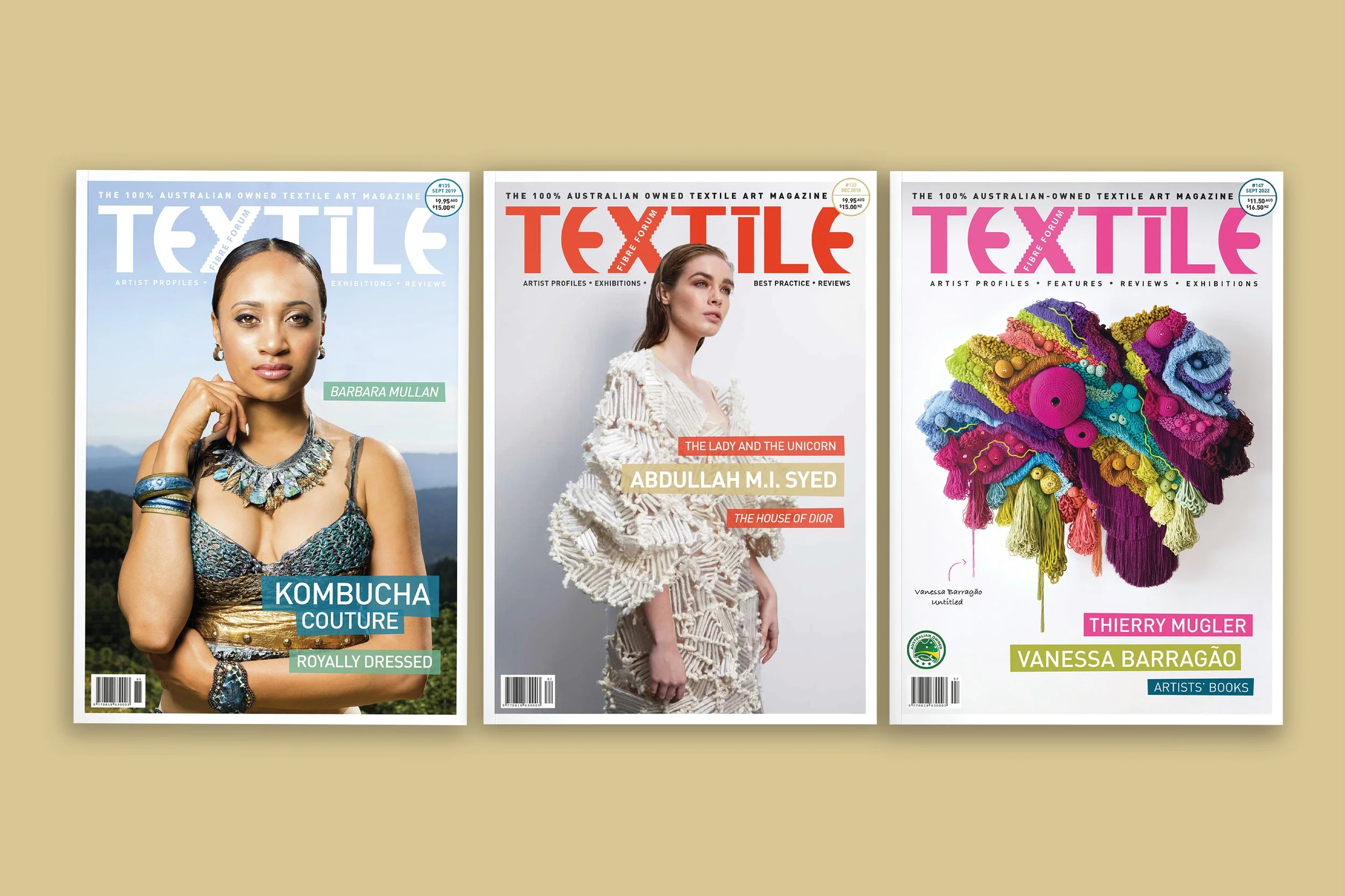 Cover of Textile magazine featuring a woman in an elaborate white textured outfit, with the magazine title 'Textile' in bold red letters at the top.