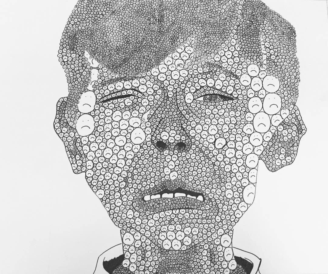 "Sad Face Sad Face" - A sad face made of sad faces. Ink and Paper