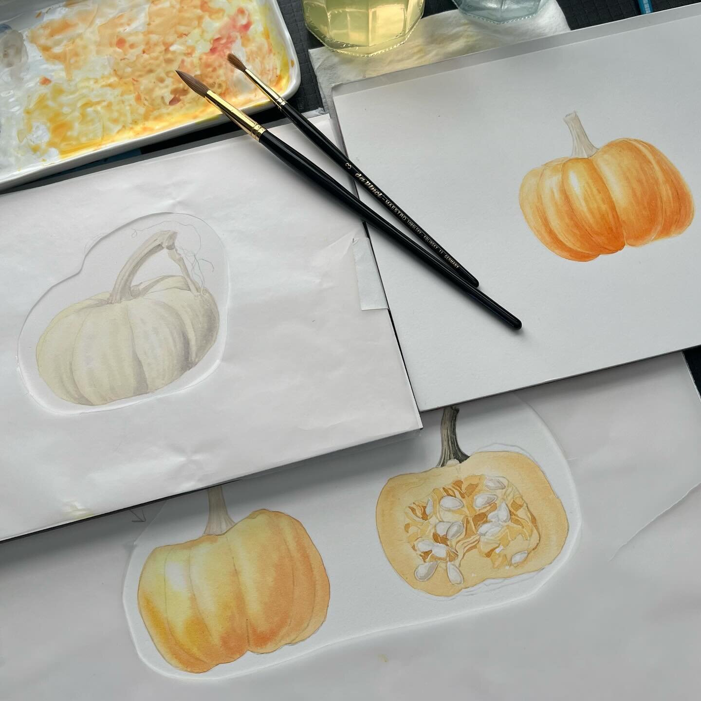 Post-class desk view - little pumpkins in progress! Yesterday I wrapped up teaching the Fall &lsquo;23 edition of my Capturing Seasonal Color class through @mhsbotanicalart / @masshort &mdash; we focused on fruits in the gourd family, including how t