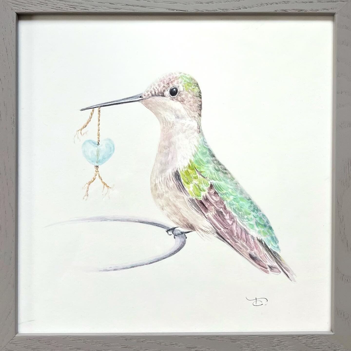 This sweet little 10x10 framed watercolor will be at the Works of the HeART show at our fabulous local shop @nativescituate starting today and running for the next couple of weeks 🩵 
.
.
&lsquo;Glass Heart&rsquo; (w/ female Ruby-throated Hummingbird