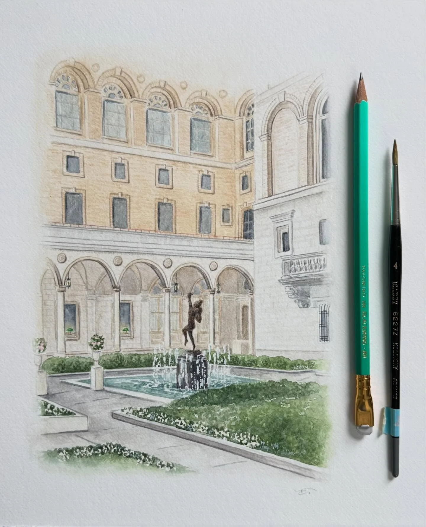 This was one of my favorite custom wedding illustrations I painted last year for @rsvphingham with a vignette of the courtyard at the Boston Public Library. Check out my stories for how this magical stationary shop used it for the invitations and to 