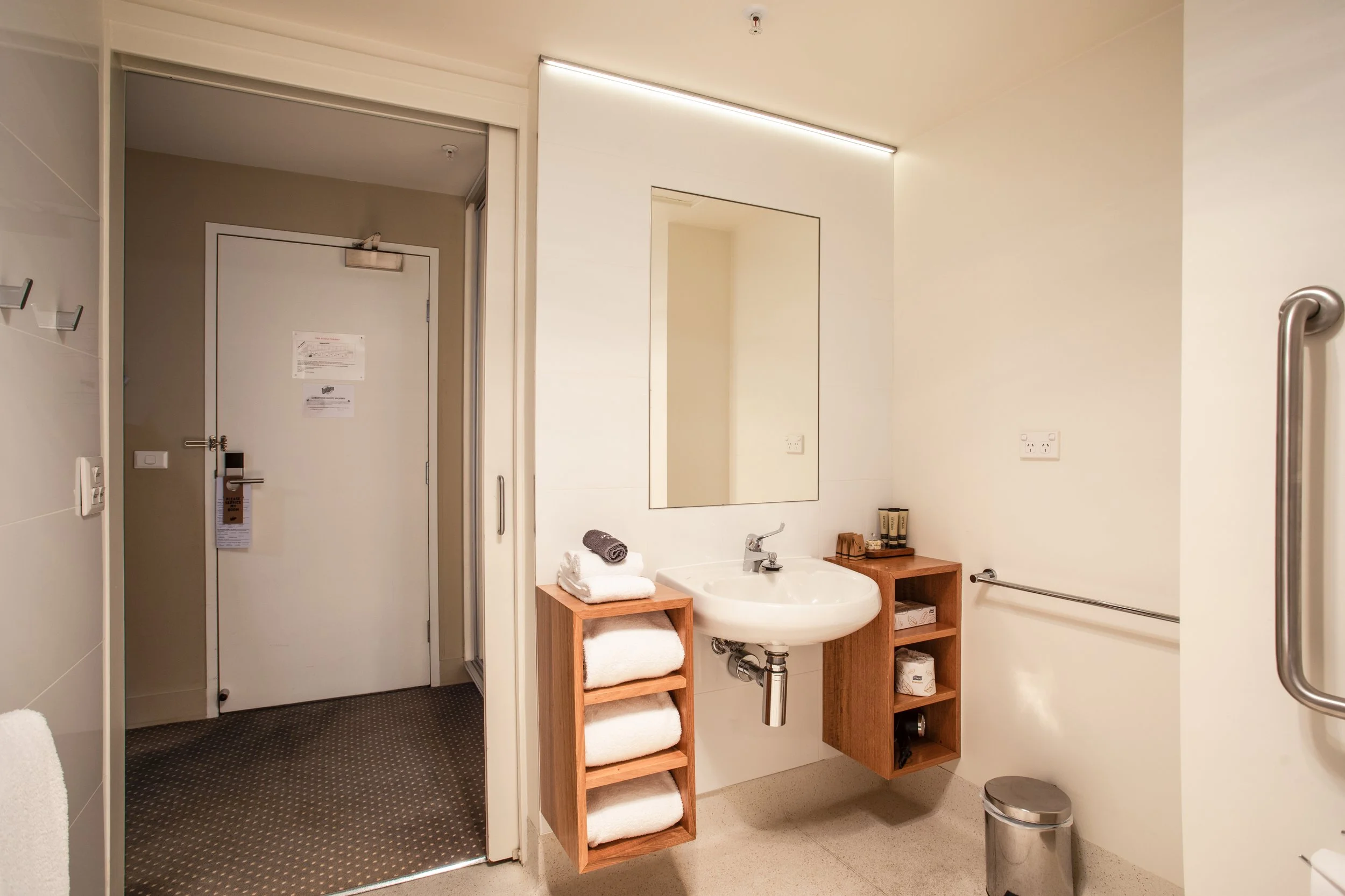 The Old Woolstore accessible apartment bathroom in Hobart