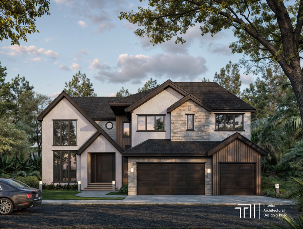 photo of a luxury modern two story house with grey bricks and dark brown oak doors surrounded by trees