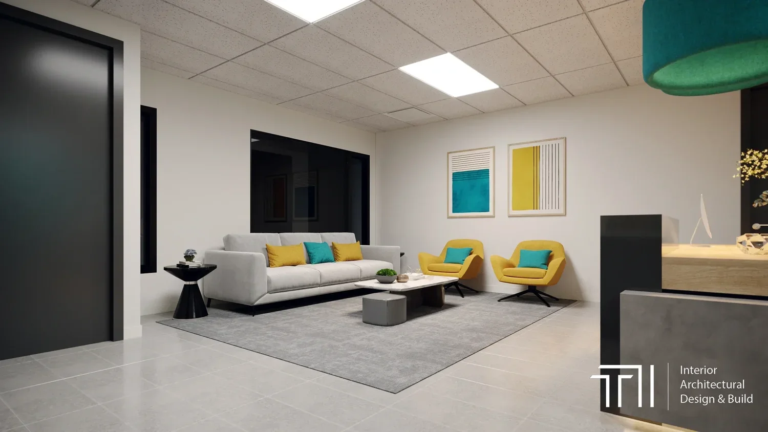 photo of a modern office space with white and yellow sofas on a grey area rug with decor