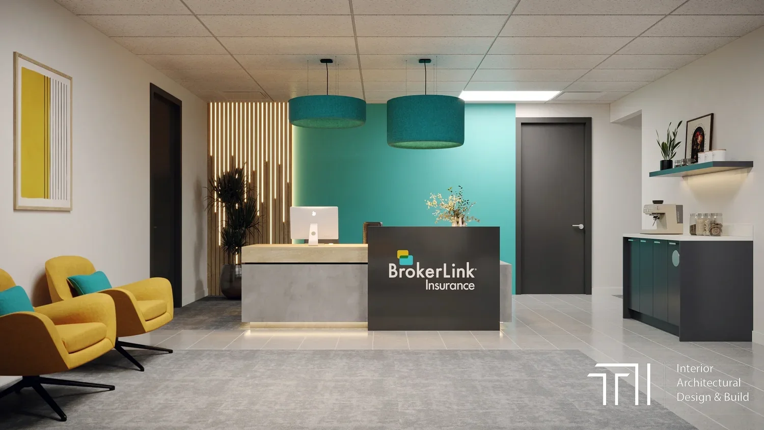 photo of the front desk at BrokerLink Insurance with blue and yellow branding