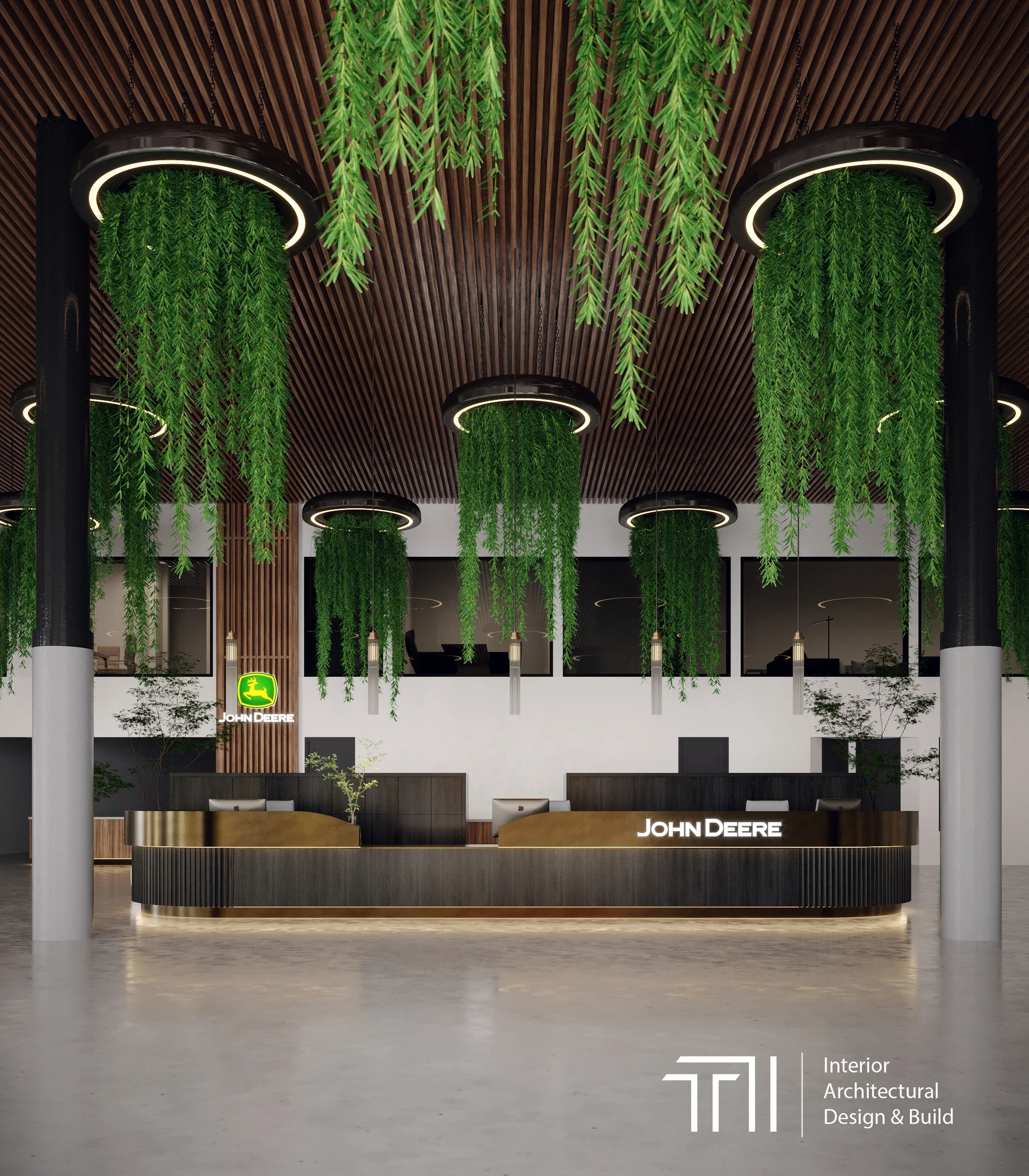 photo of a John Deere office with green foilage draping from the wood ceiling above a luxury black and brass waiting desk with John Deere lit logos