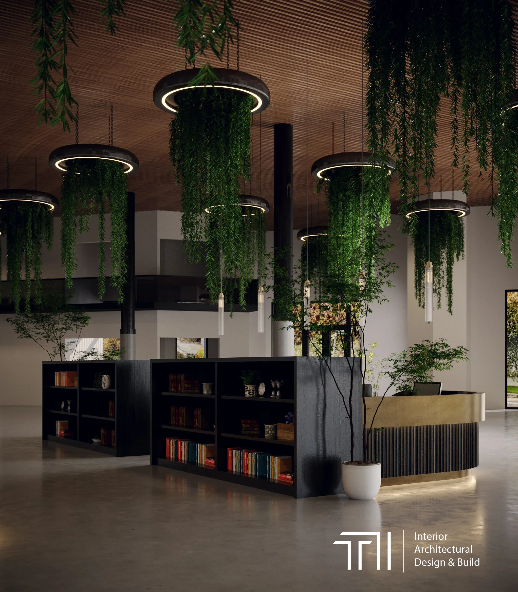 photo of a reception space with green foilage hanging from the light fixtures above books shelves next to a receptionist desk overlaid with the Tailored Interior logo