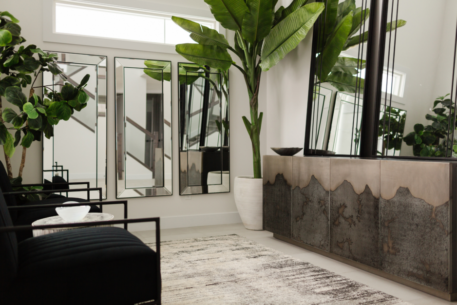 Photo of green potted houseplants next to mirrors and grey table console